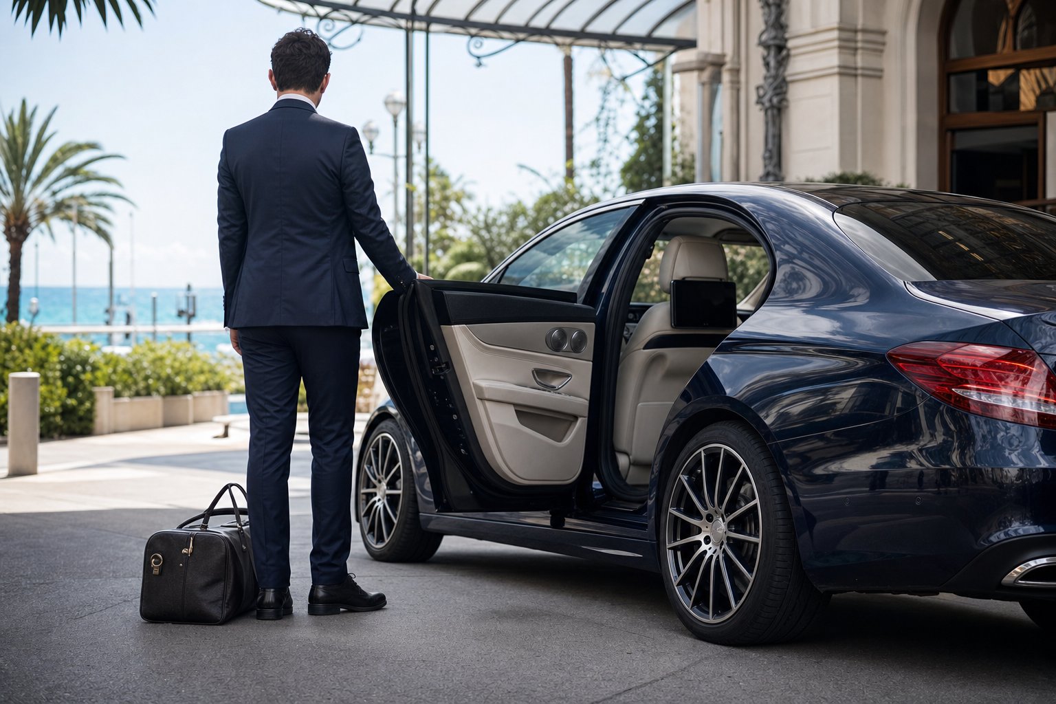 Réservation VTC Nice — chauffeur privé ouvrant la portière d'une berline Mercedes bleu nuit devant un hôtel de la Promenade des Anglais