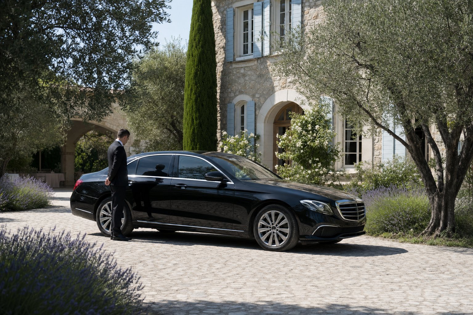 Berline Mercedes noire devant un domaine de mariage sur la Côte d'Azur — chauffeur privé VTC mariage Nice