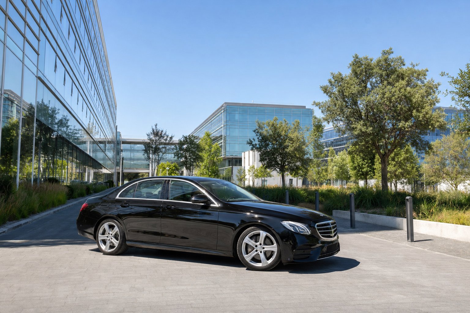 Berline Mercedes noire devant les immeubles de Sophia Antipolis — chauffeur VTC professionnel Nice Côte d'Azur